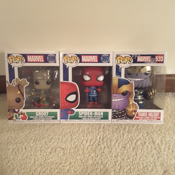 Holiday Funko Marvel lot of 3 Groot Spider-Man and Thanos - Picture 1 of 9